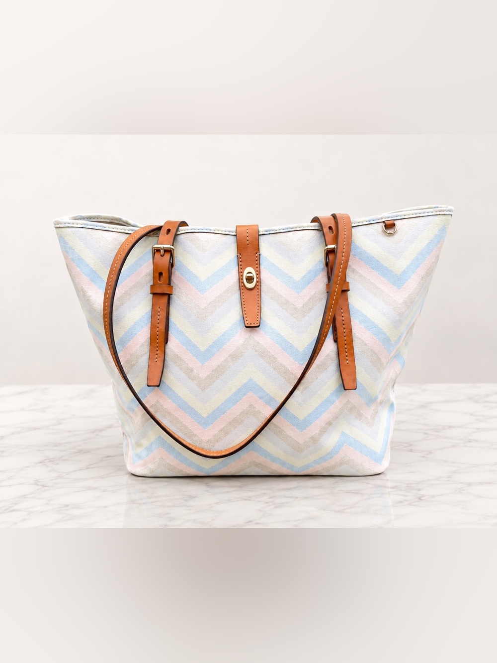 Dooney & Bourke Pastel Chevron Dover Tote with Tan Leather Straps - Picture 2 of 8